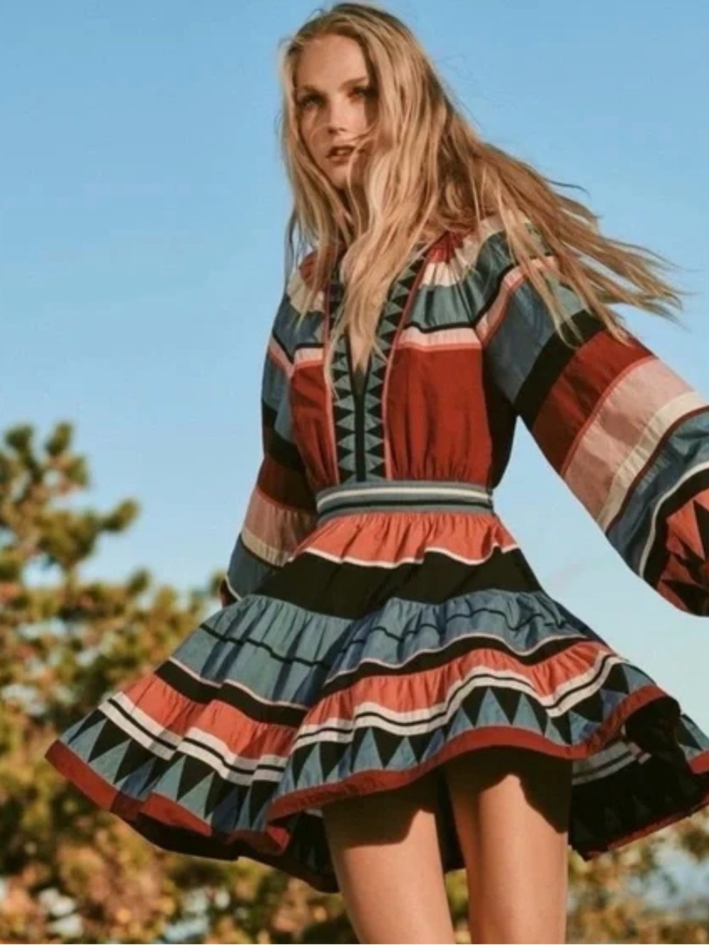 Ulla Johnson Striped Boho Mini Dress in Red and Blue